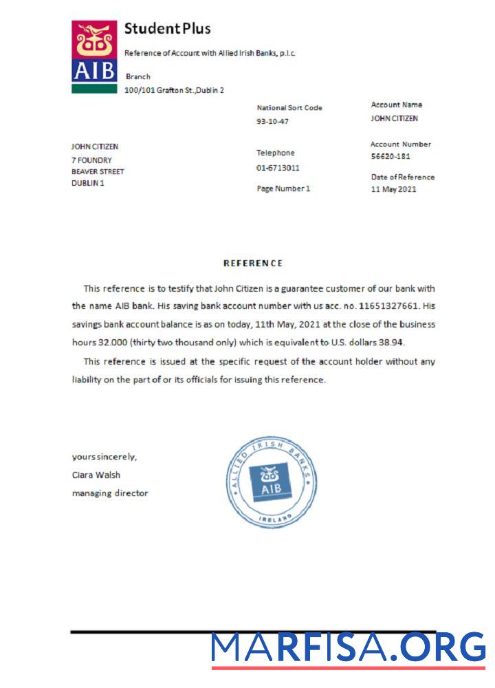 Downloadable Ireland AIB reference example